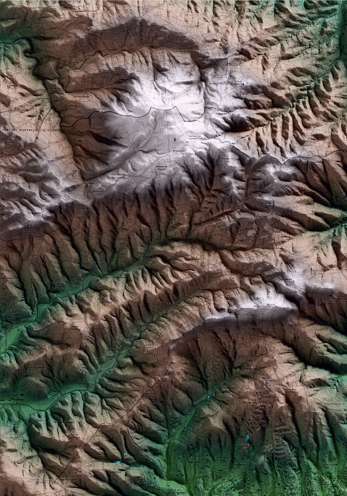 Mapa artístico del relieve de Sant Vicenç de Montalt, al Maresme, con 15 km de entorno y base topográfica ICGC. Detalle de la zona superior izquierda.