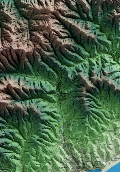 Mapa artístico del relieve de Sant Vicenç de Montalt, al Maresme, con 15 km de entorno y base topográfica ICGC. Detalle de la zona superior derecha.