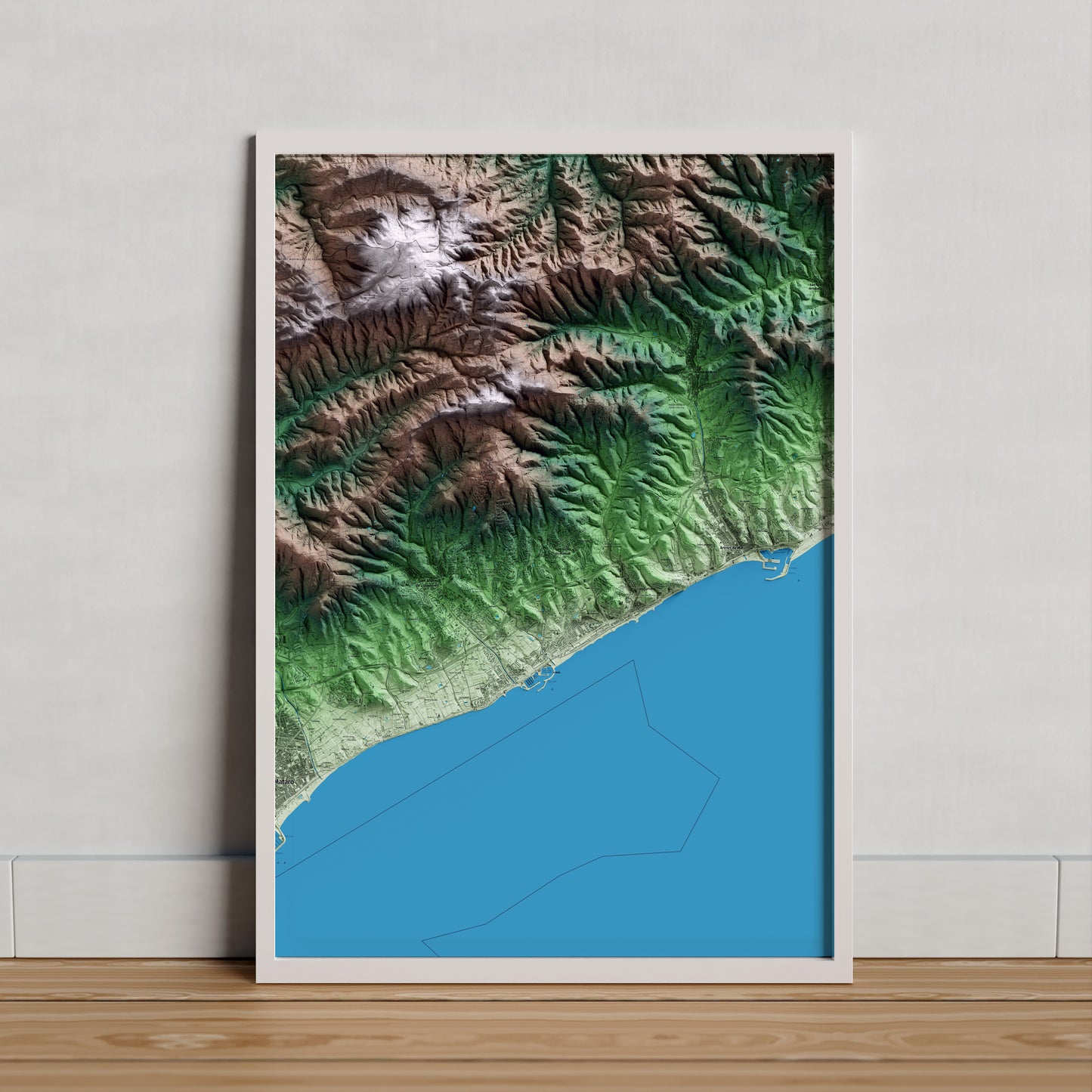 Mapa artístico del relieve de Sant Vicenç de Montalt, al Maresme, con 15 km de entorno y base topográfica ICGC. Presentación enmarcada.