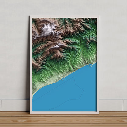 Mapa artístico del relieve de Sant Vicenç de Montalt, al Maresme, con 15 km de entorno y base topográfica ICGC. Presentación enmarcada.