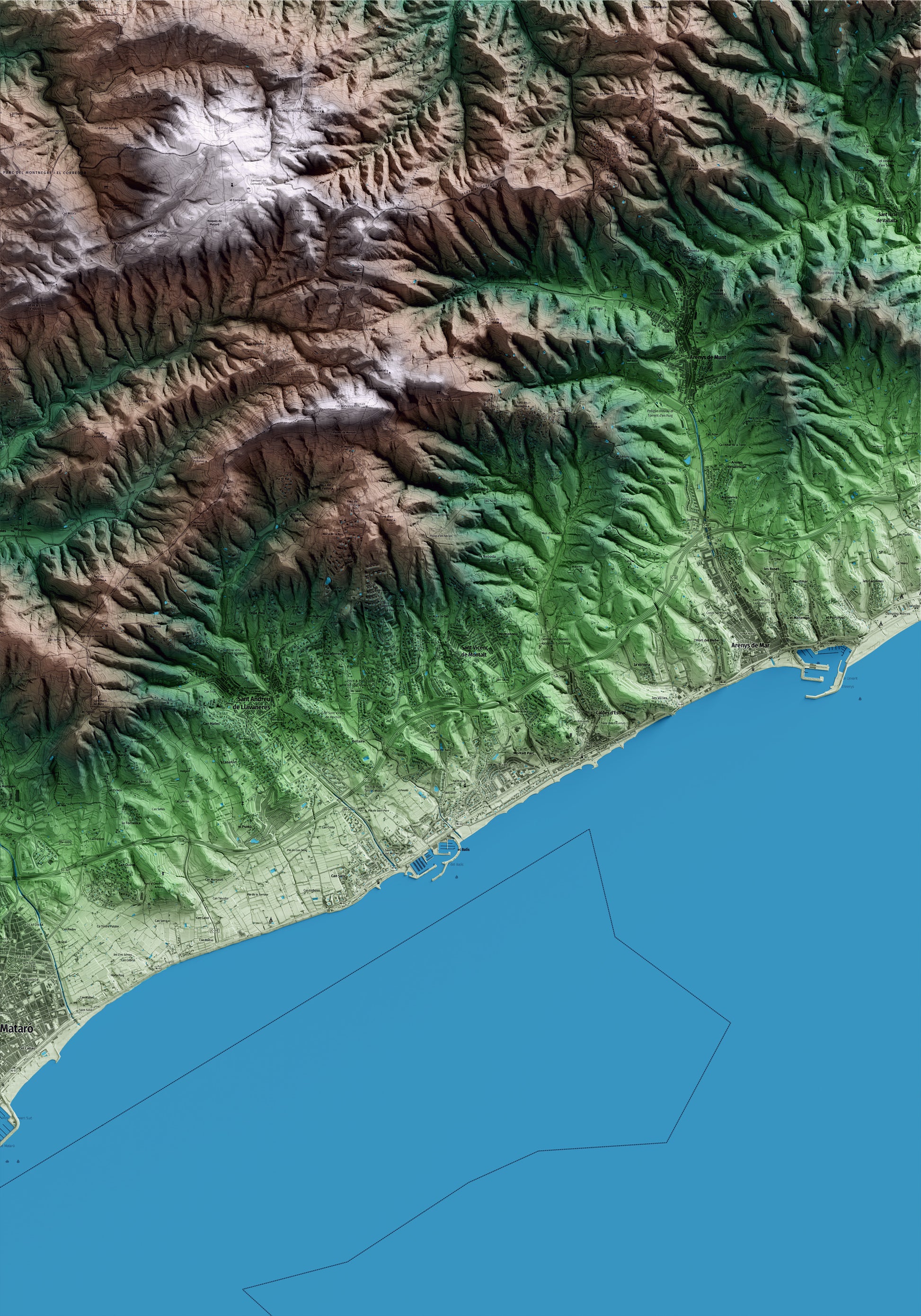 Mapa artístico del relieve de Sant Vicenç de Montalt, al Maresme, con 15 km de entorno y base topográfica ICGC