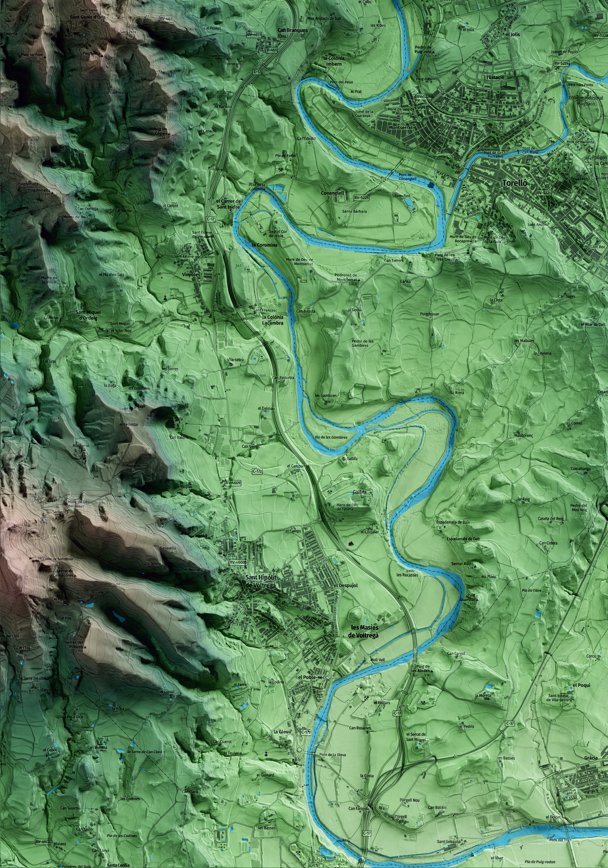 Mapa artístico del relieve de Sant Vicenç de Torelló, a Osona, con 15 km de entorno y base topográfica ICGC. Detalle de la zona inferior izquierda.