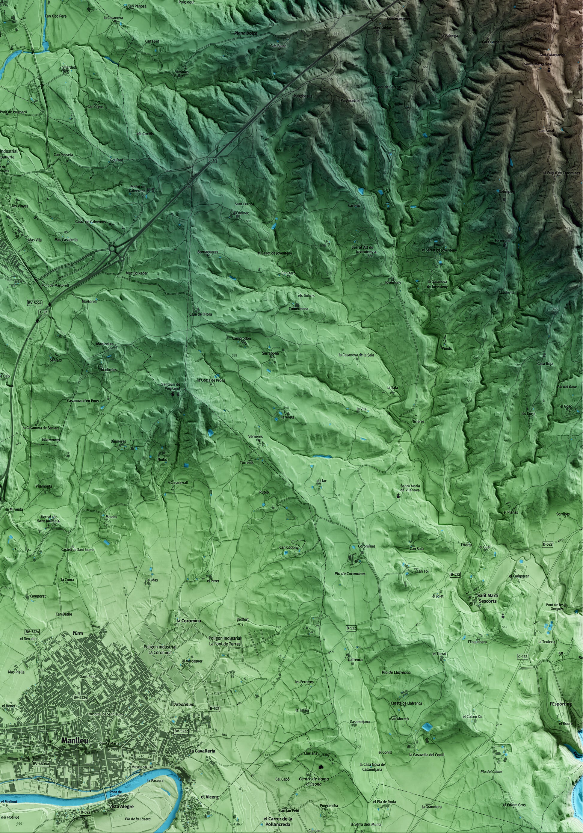 Mapa artístico del relieve de Sant Vicenç de Torelló, a Osona, con 15 km de entorno y base topográfica ICGC. Detalle de la zona inferior derecha.