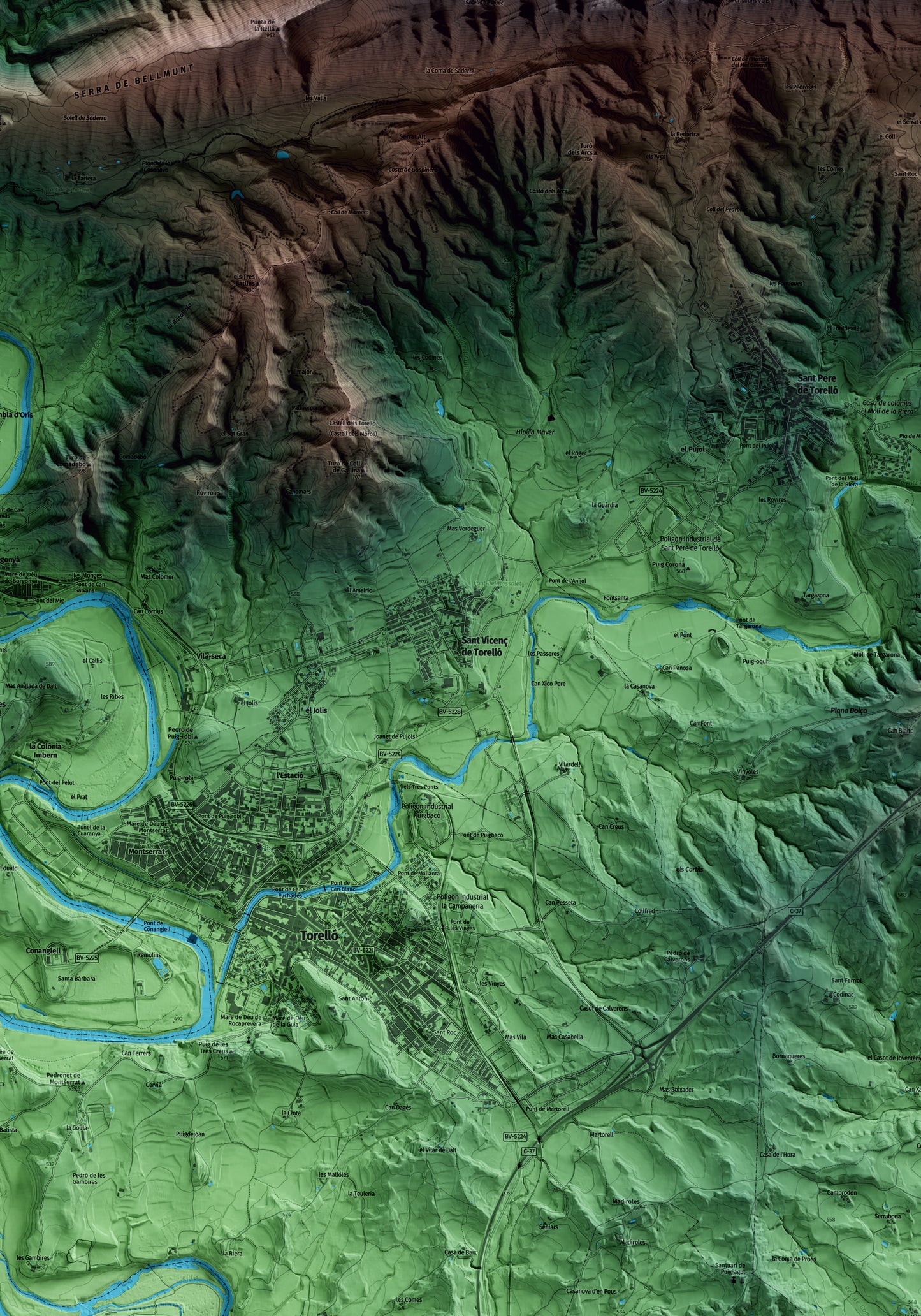 Mapa artístico del relieve de Sant Vicenç de Torelló, a Osona, con 15 km de entorno y base topográfica ICGC. Detalle de la zona central.