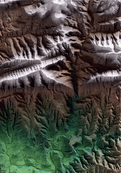 Mapa artístico del relieve de Sant Vicenç de Torelló, a Osona, con 15 km de entorno y base topográfica ICGC. Detalle de la zona superior derecha.