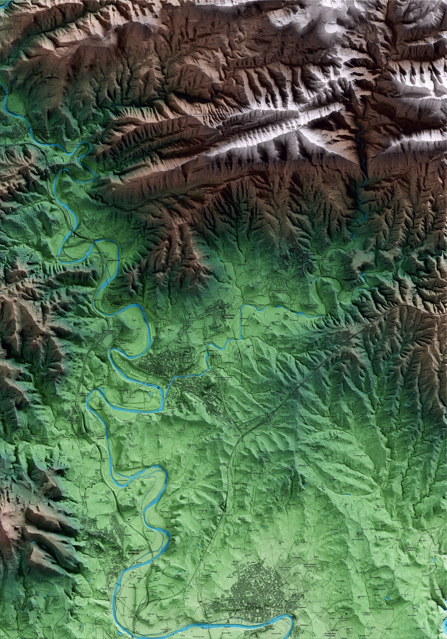 Mapa artístico del relieve de Sant Vicenç de Torelló, a Osona, con 15 km de entorno y base topográfica ICGC