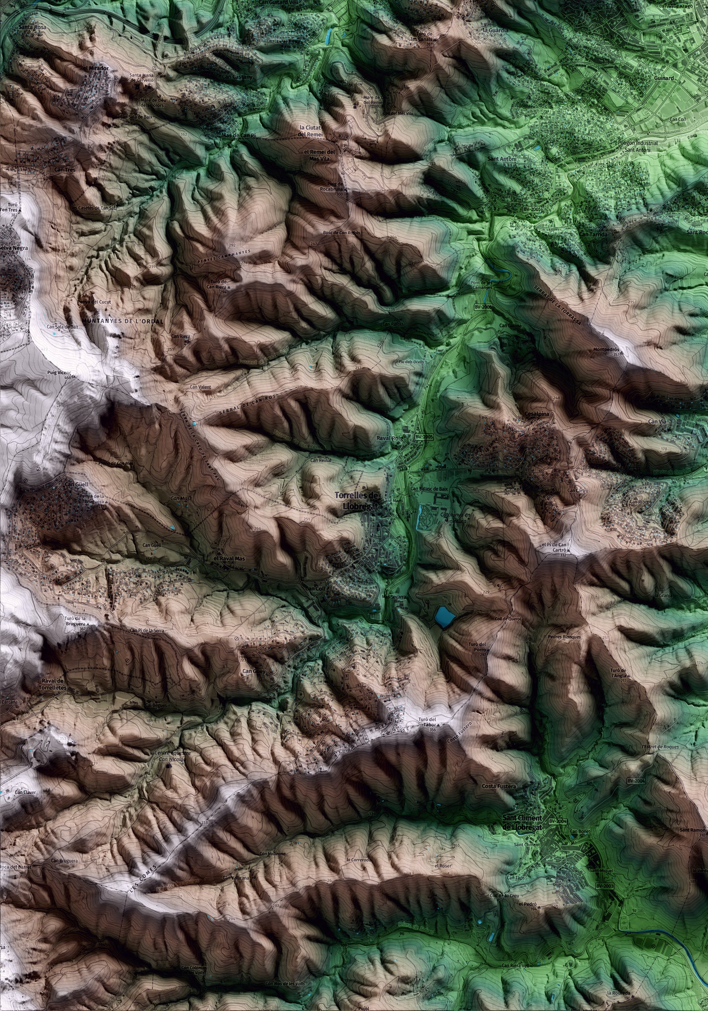 Mapa artístico del relieve de Sant Vicenç dels Horts, al Baix Llobregat, con 15 km de entorno y base topográfica ICGC. Detalle de la zona inferior izquierda.