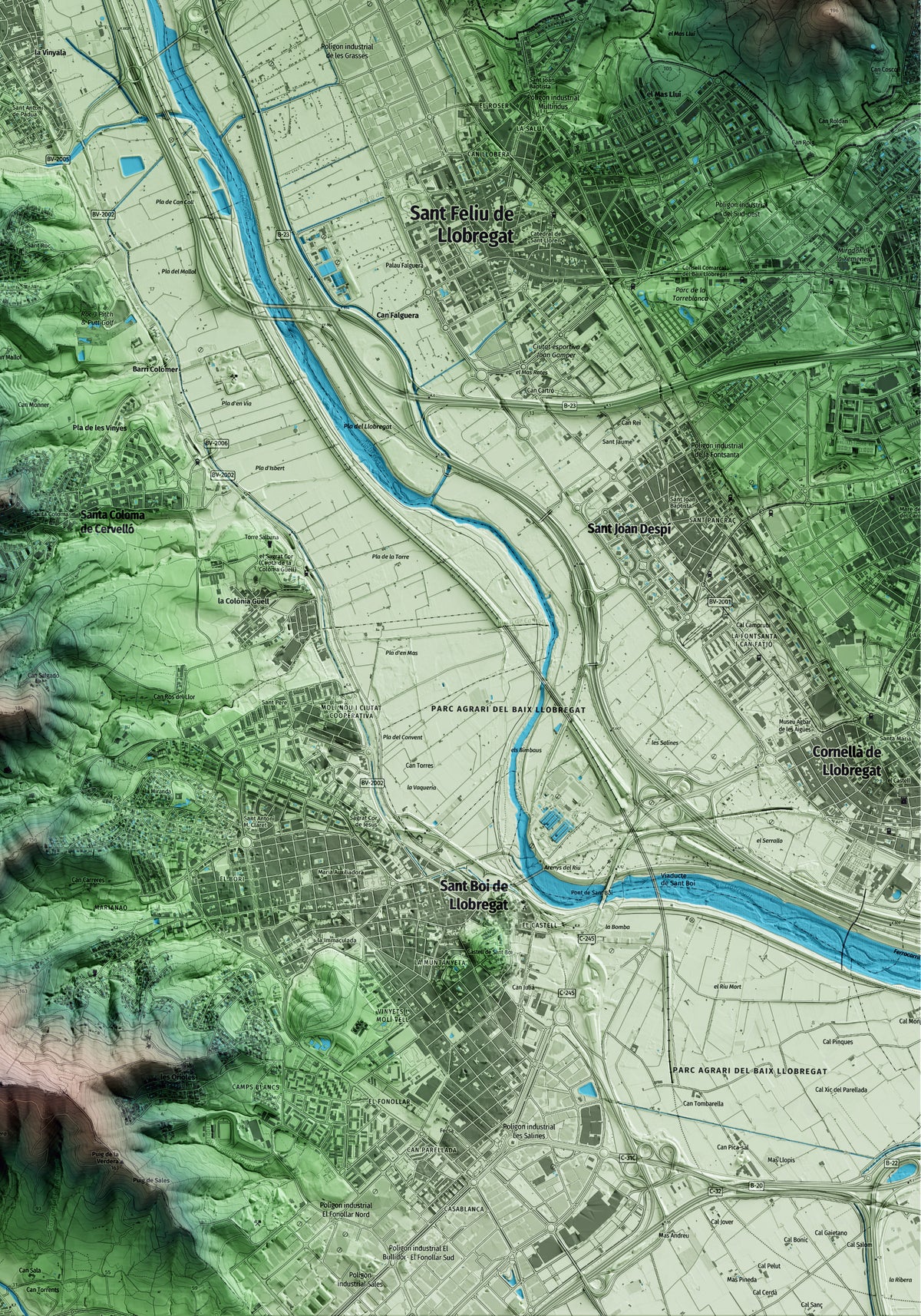 Mapa artístico del relieve de Sant Vicenç dels Horts, al Baix Llobregat, con 15 km de entorno y base topográfica ICGC. Detalle de la zona inferior derecha.