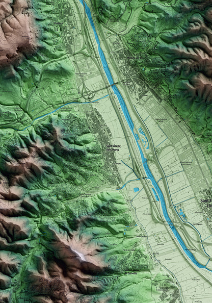 Mapa artístico del relieve de Sant Vicenç dels Horts, al Baix Llobregat, con 15 km de entorno y base topográfica ICGC. Detalle de la zona central.
