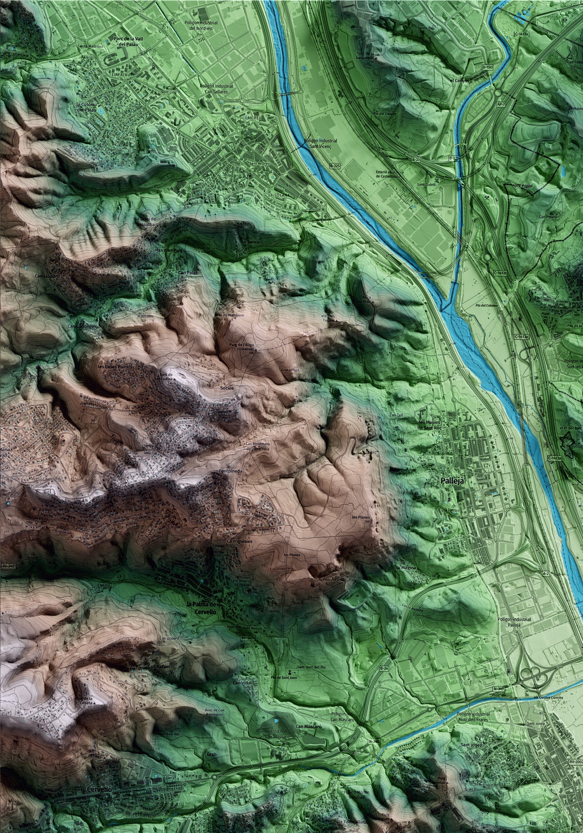 Mapa artístico del relieve de Sant Vicenç dels Horts, al Baix Llobregat, con 15 km de entorno y base topográfica ICGC. Detalle de la zona superior izquierda.