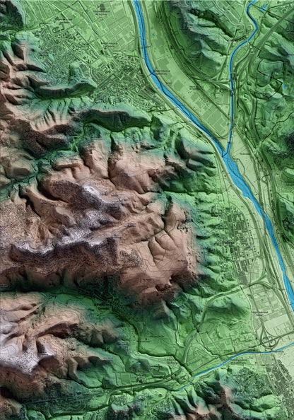 Mapa artístico del relieve de Sant Vicenç dels Horts, al Baix Llobregat, con 15 km de entorno y base topográfica ICGC. Detalle de la zona superior izquierda.