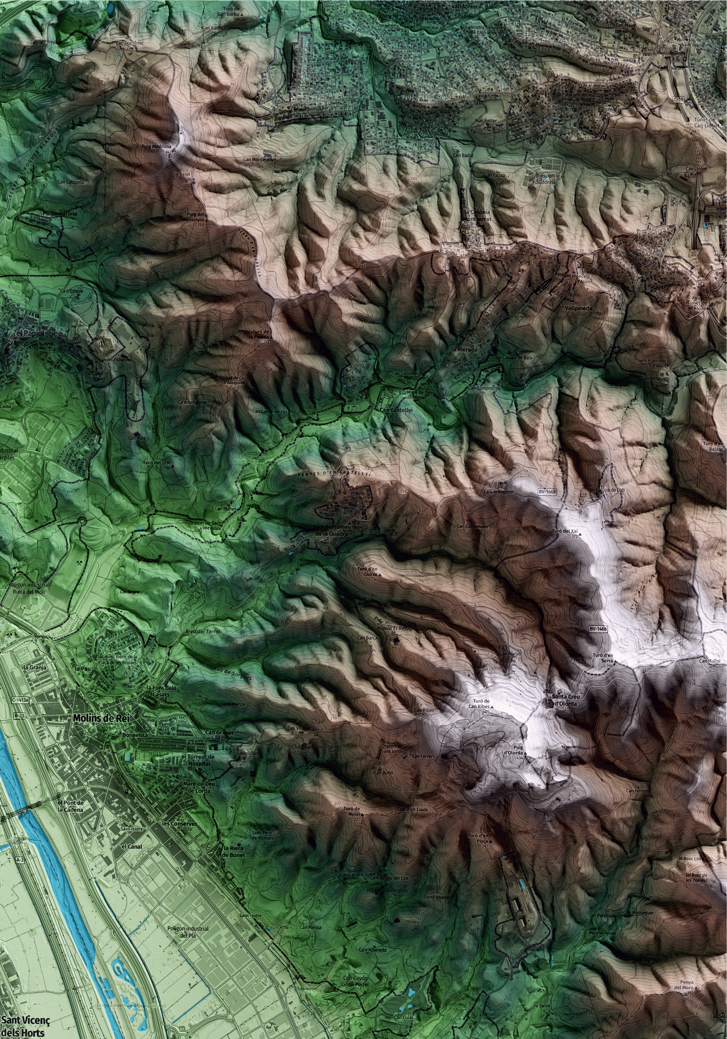 Mapa artístico del relieve de Sant Vicenç dels Horts, al Baix Llobregat, con 15 km de entorno y base topográfica ICGC. Detalle de la zona superior derecha.