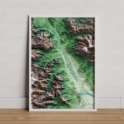 Mapa artístico del relieve de Sant Vicenç dels Horts, al Baix Llobregat, con 15 km de entorno y base topográfica ICGC. Presentación enmarcada.