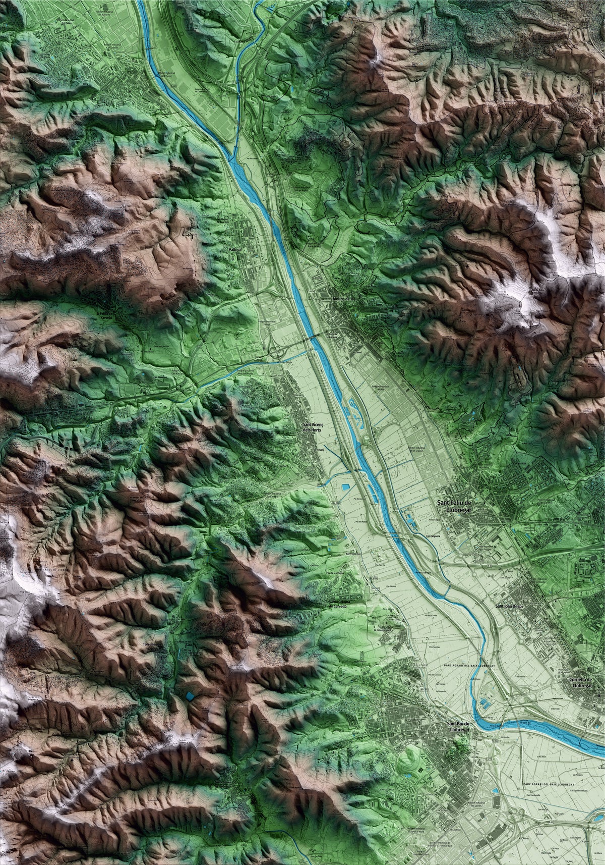 Mapa artístico del relieve de Sant Vicenç dels Horts, al Baix Llobregat, con 15 km de entorno y base topográfica ICGC