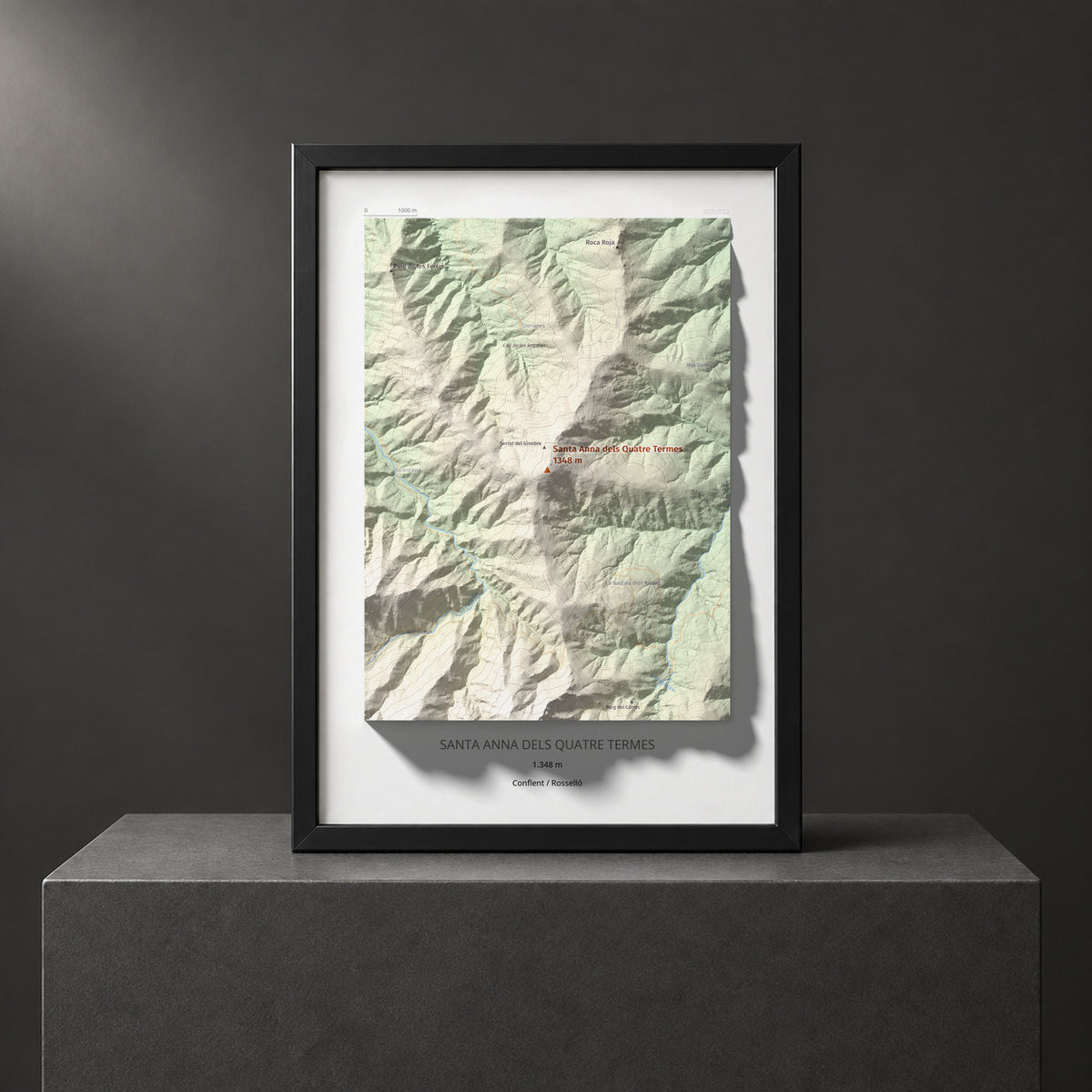 Mapa de relieve de Santa Anna dels Quatre Termes, 1348 m, Conflent · Rosselló, lámina 100 Cims de Trobart. Presentación enmarcada. 21 × 30 cm.