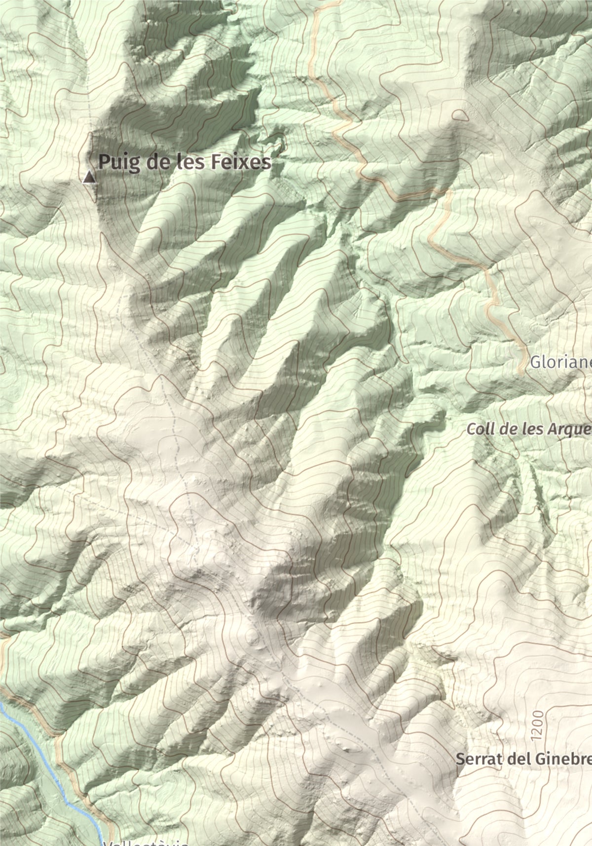Mapa de relieve de Santa Anna dels Quatre Termes, 1348 m, Conflent · Rosselló, lámina 100 Cims de Trobart. Detalle de la zona superior izquierda. 21 × 30 cm.