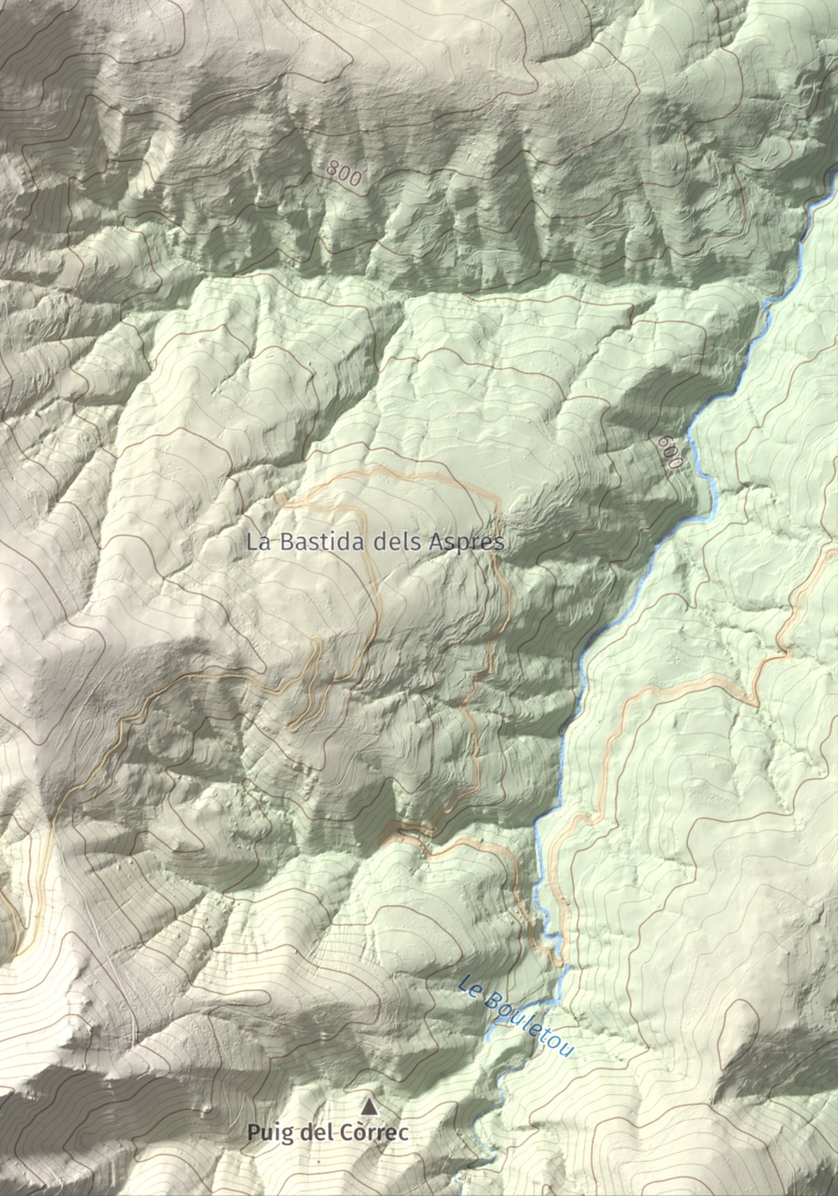 Mapa de relieve de Santa Anna dels Quatre Termes, 1348 m, Conflent · Rosselló, lámina 100 Cims de Trobart. Detalle de la zona inferior derecha. 21 × 30 cm.