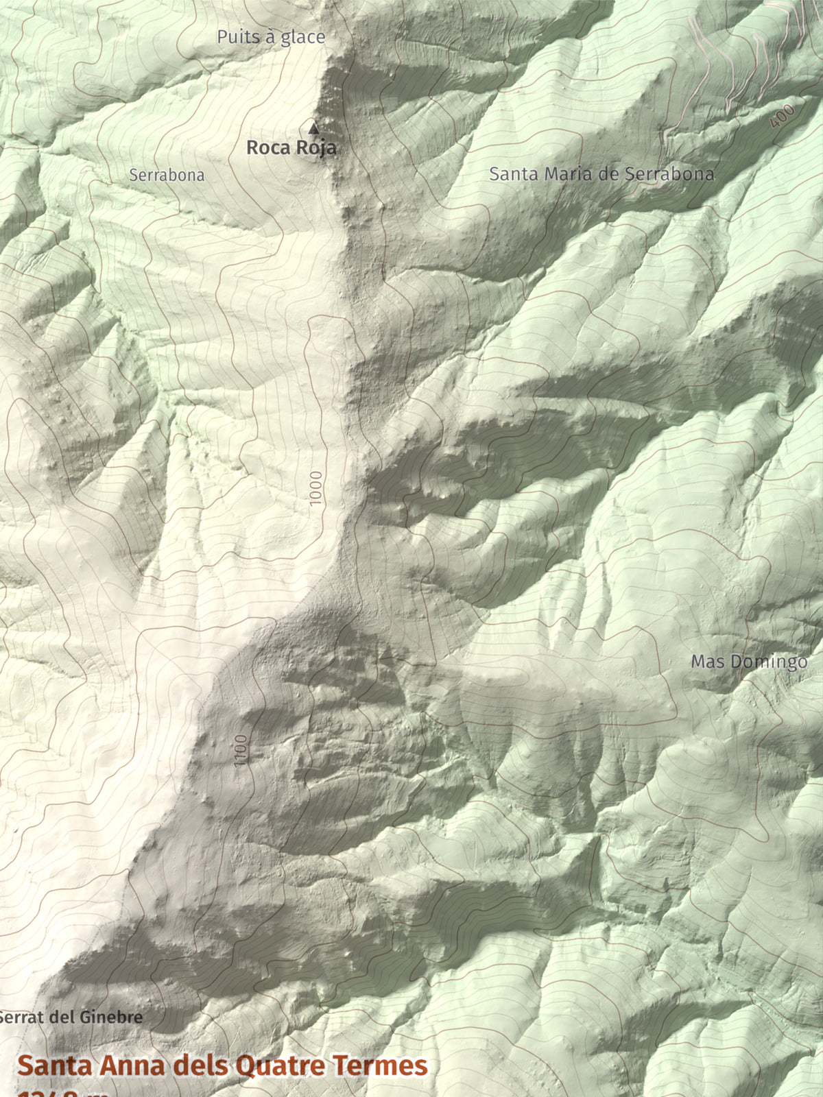 Mapa de relieve de Santa Anna dels Quatre Termes, 1348 m, Conflent · Rosselló, lámina 100 Cims de Trobart. Detalle de la zona superior derecha. 30 × 40 cm.