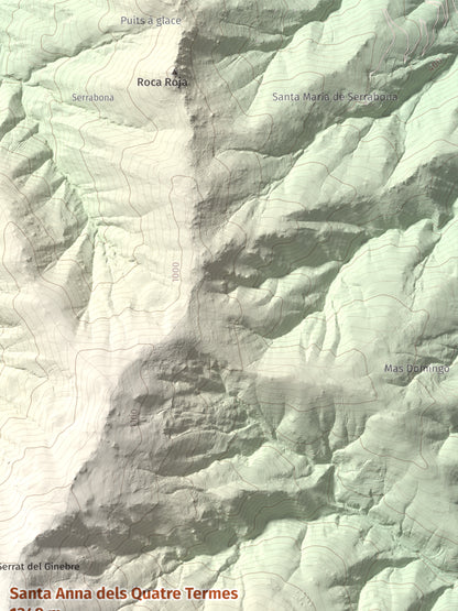 Mapa de relieve de Santa Anna dels Quatre Termes, 1348 m, Conflent · Rosselló, lámina 100 Cims de Trobart. Detalle de la zona superior derecha. 30 × 40 cm.