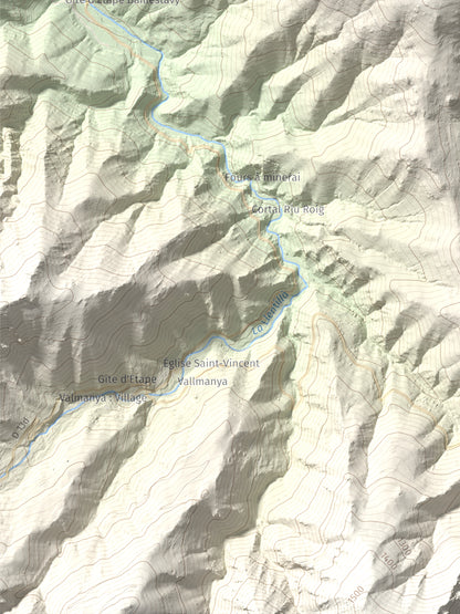 Mapa de relieve de Santa Anna dels Quatre Termes, 1348 m, Conflent · Rosselló, lámina 100 Cims de Trobart. Detalle de la zona inferior izquierda. 30 × 40 cm.