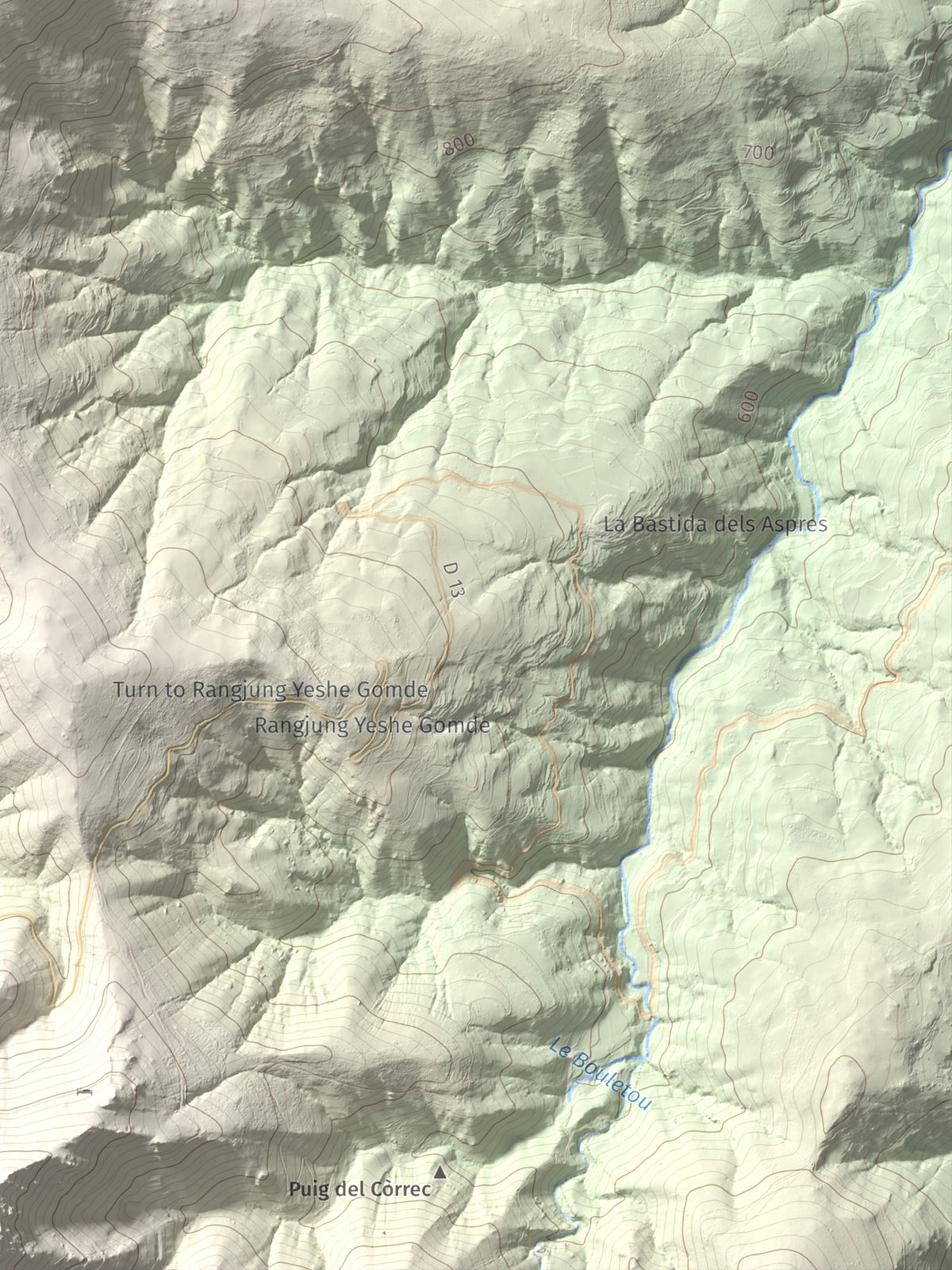 Mapa de relieve de Santa Anna dels Quatre Termes, 1348 m, Conflent · Rosselló, lámina 100 Cims de Trobart. Detalle de la zona inferior derecha. 30 × 40 cm.