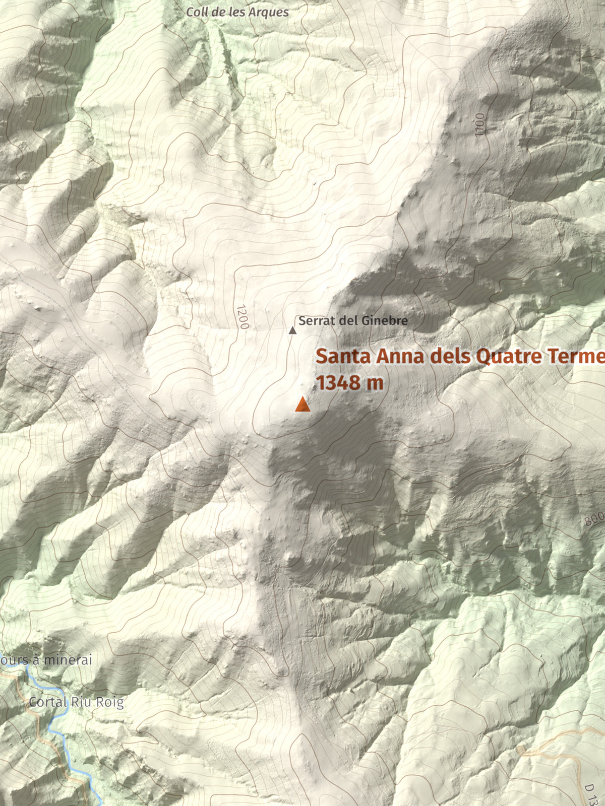Mapa de relieve de Santa Anna dels Quatre Termes, 1348 m, Conflent · Rosselló, lámina 100 Cims de Trobart. Detalle de la zona central. 30 × 40 cm.