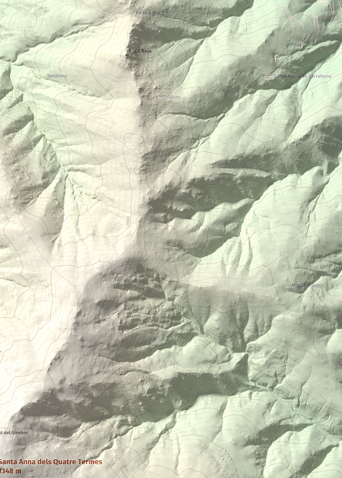Mapa de relieve de Santa Anna dels Quatre Termes, 1348 m, Conflent · Rosselló, lámina 100 Cims de Trobart. Detalle de la zona superior derecha. 50 × 70 cm.