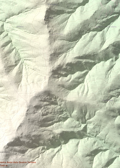 Mapa de relieve de Santa Anna dels Quatre Termes, 1348 m, Conflent · Rosselló, lámina 100 Cims de Trobart. Detalle de la zona superior derecha. 50 × 70 cm.