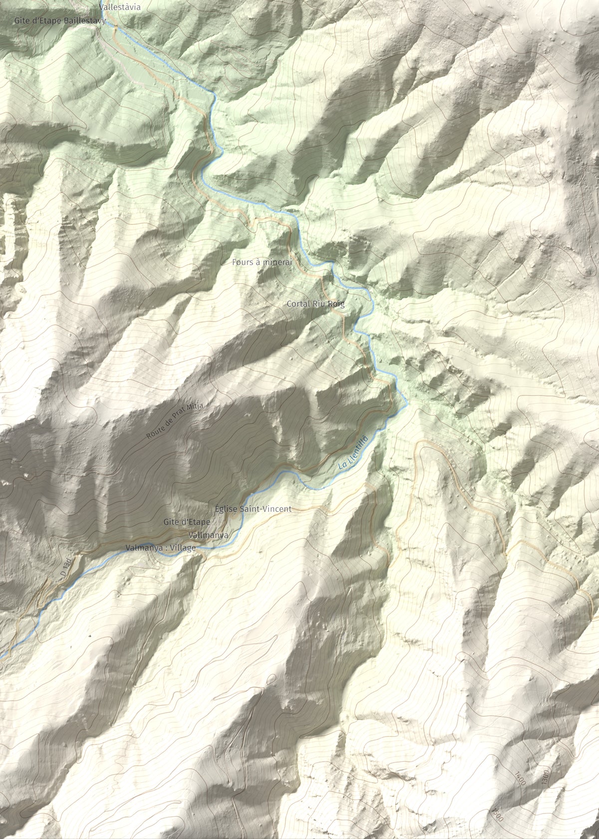 Mapa de relieve de Santa Anna dels Quatre Termes, 1348 m, Conflent · Rosselló, lámina 100 Cims de Trobart. Detalle de la zona inferior izquierda. 50 × 70 cm.