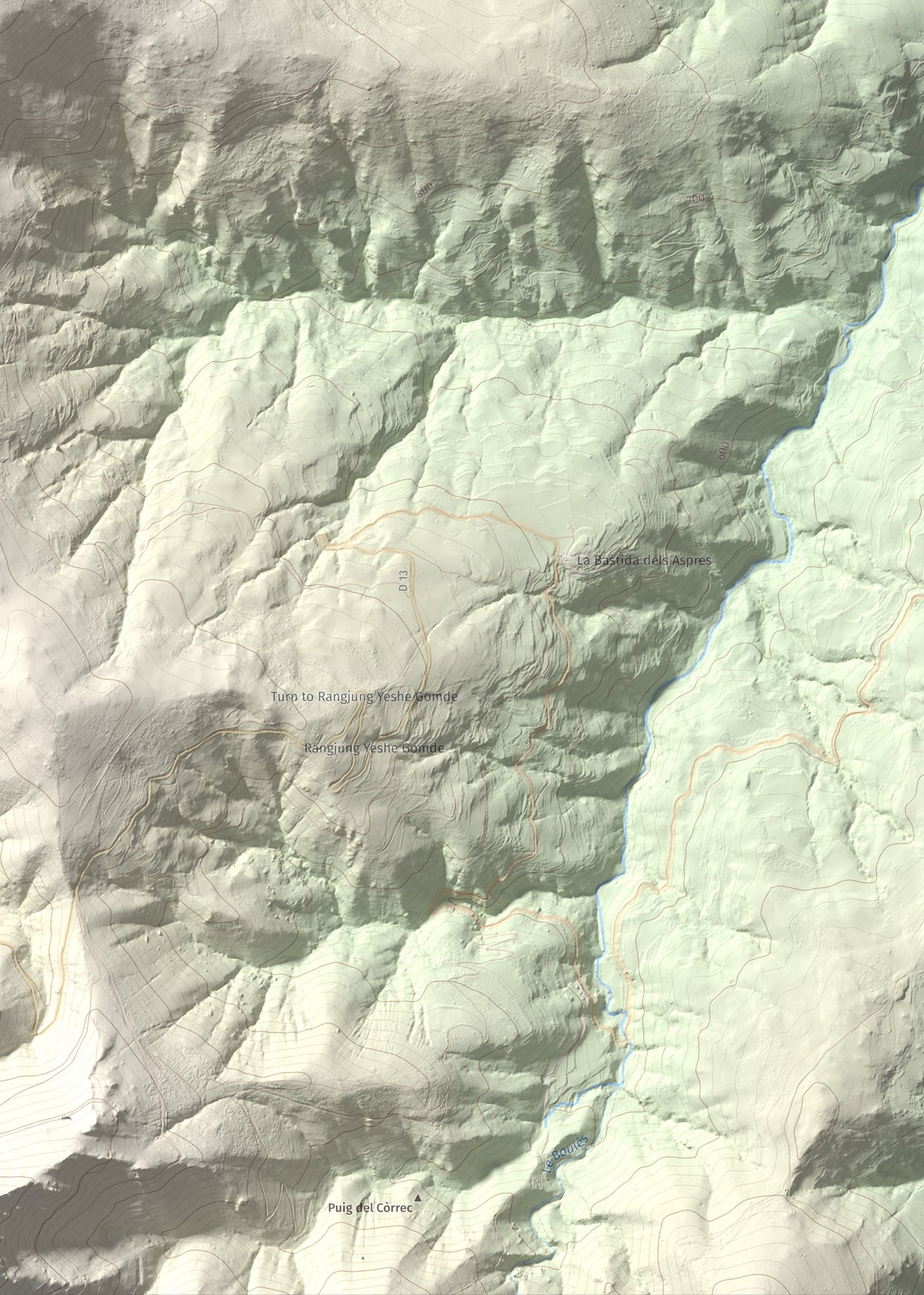 Mapa de relieve de Santa Anna dels Quatre Termes, 1348 m, Conflent · Rosselló, lámina 100 Cims de Trobart. Detalle de la zona inferior derecha. 50 × 70 cm.