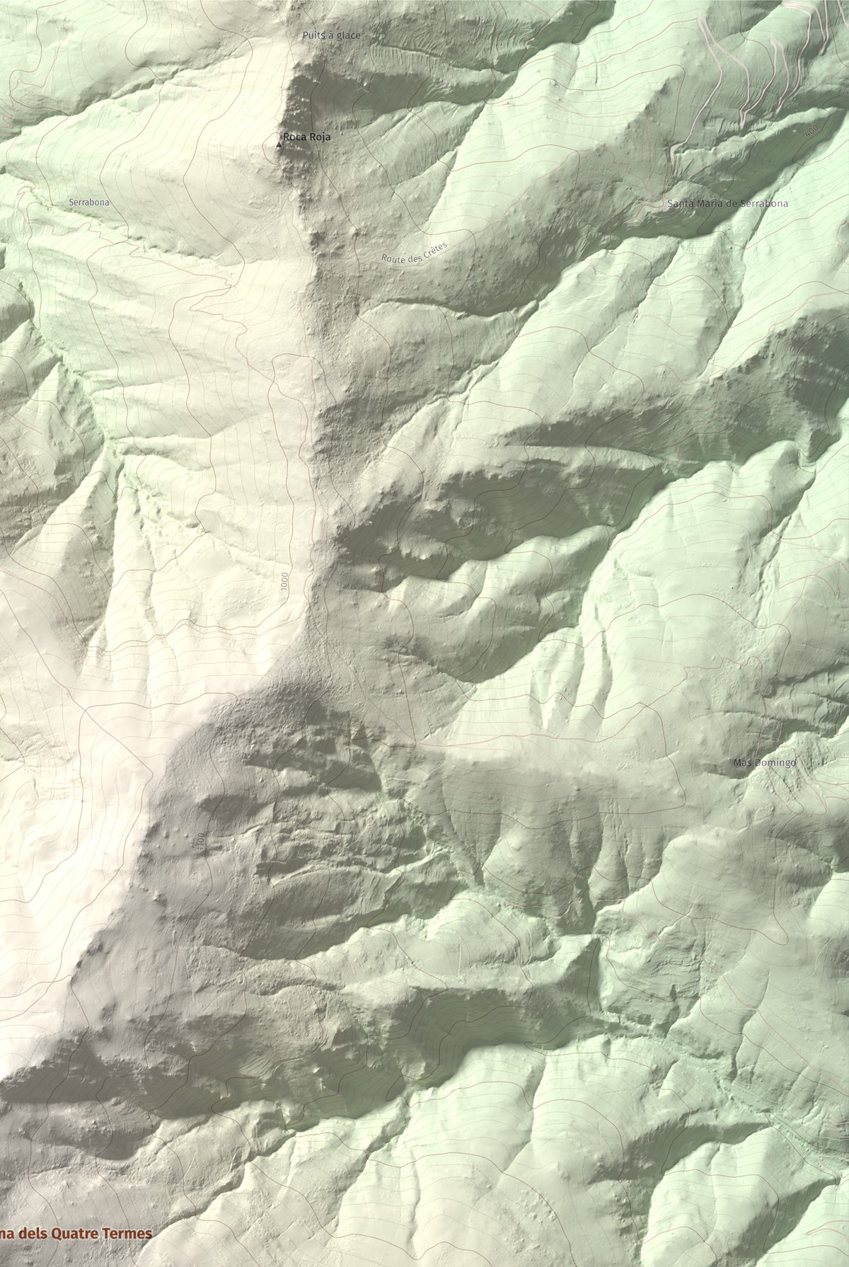 Mapa de relieve de Santa Anna dels Quatre Termes, 1348 m, Conflent · Rosselló, lámina 100 Cims de Trobart. Detalle de la zona superior derecha. 61 × 91 cm.