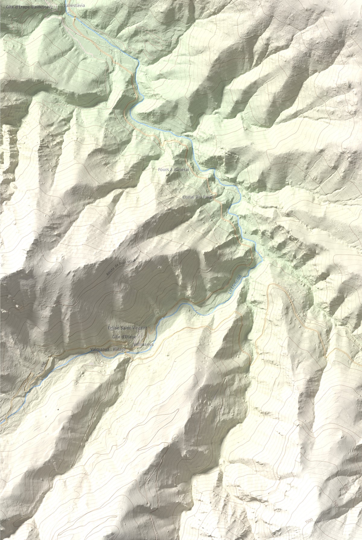 Mapa de relieve de Santa Anna dels Quatre Termes, 1348 m, Conflent · Rosselló, lámina 100 Cims de Trobart. Detalle de la zona inferior izquierda. 61 × 91 cm.
