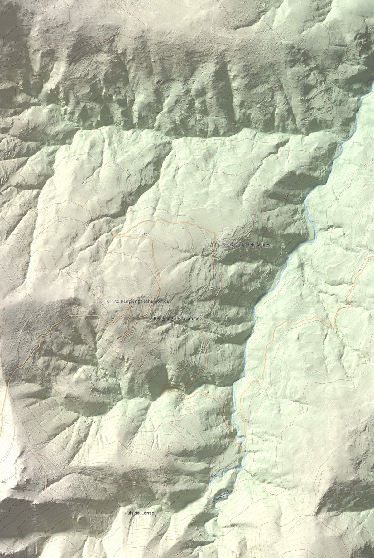 Mapa de relieve de Santa Anna dels Quatre Termes, 1348 m, Conflent · Rosselló, lámina 100 Cims de Trobart. Detalle de la zona inferior derecha. 61 × 91 cm.