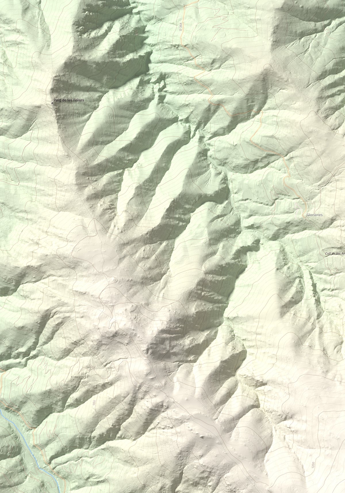 Mapa de relieve de Santa Anna dels Quatre Termes, 1348 m, Conflent · Rosselló, lámina 100 Cims de Trobart. Detalle de la zona superior izquierda. 70 × 100 cm.