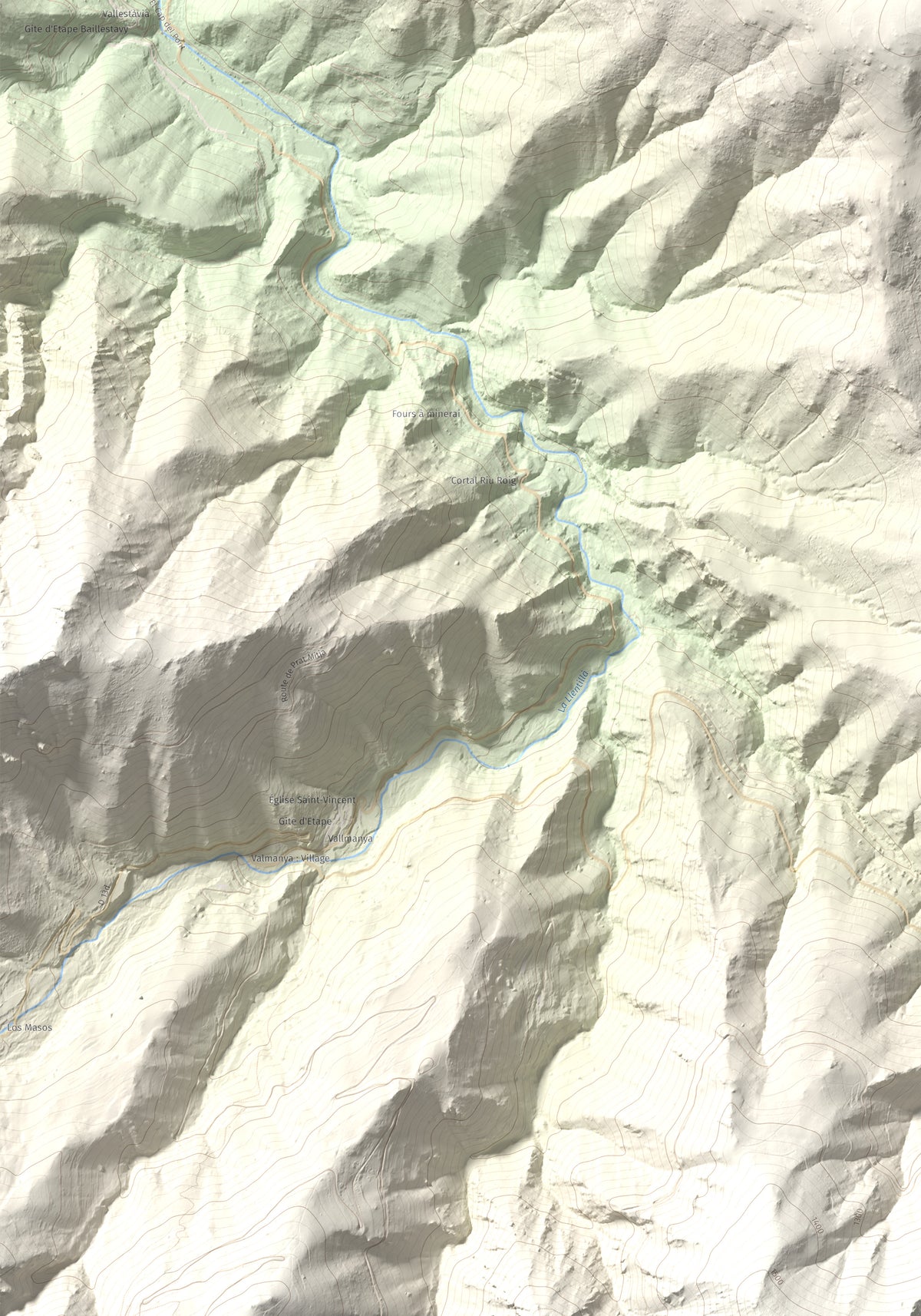 Mapa de relieve de Santa Anna dels Quatre Termes, 1348 m, Conflent · Rosselló, lámina 100 Cims de Trobart. Detalle de la zona inferior izquierda. 70 × 100 cm.