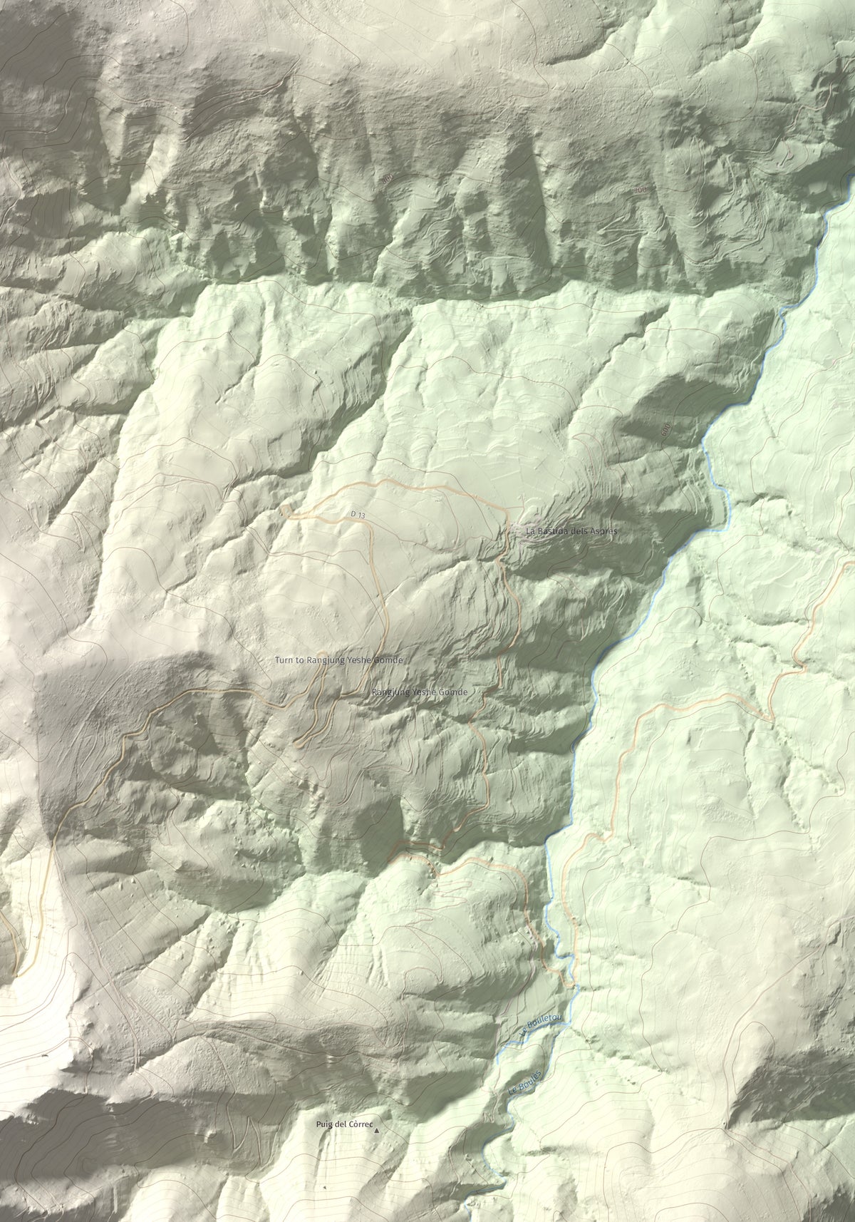 Mapa de relieve de Santa Anna dels Quatre Termes, 1348 m, Conflent · Rosselló, lámina 100 Cims de Trobart. Detalle de la zona inferior derecha. 70 × 100 cm.