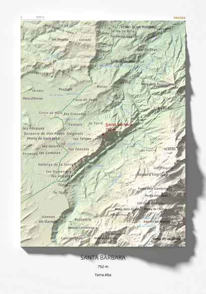Mapa de relieve de Santa Bàrbara, 752 m, Terra Alta, lámina 100 Cims de Trobart 21 × 30 cm.