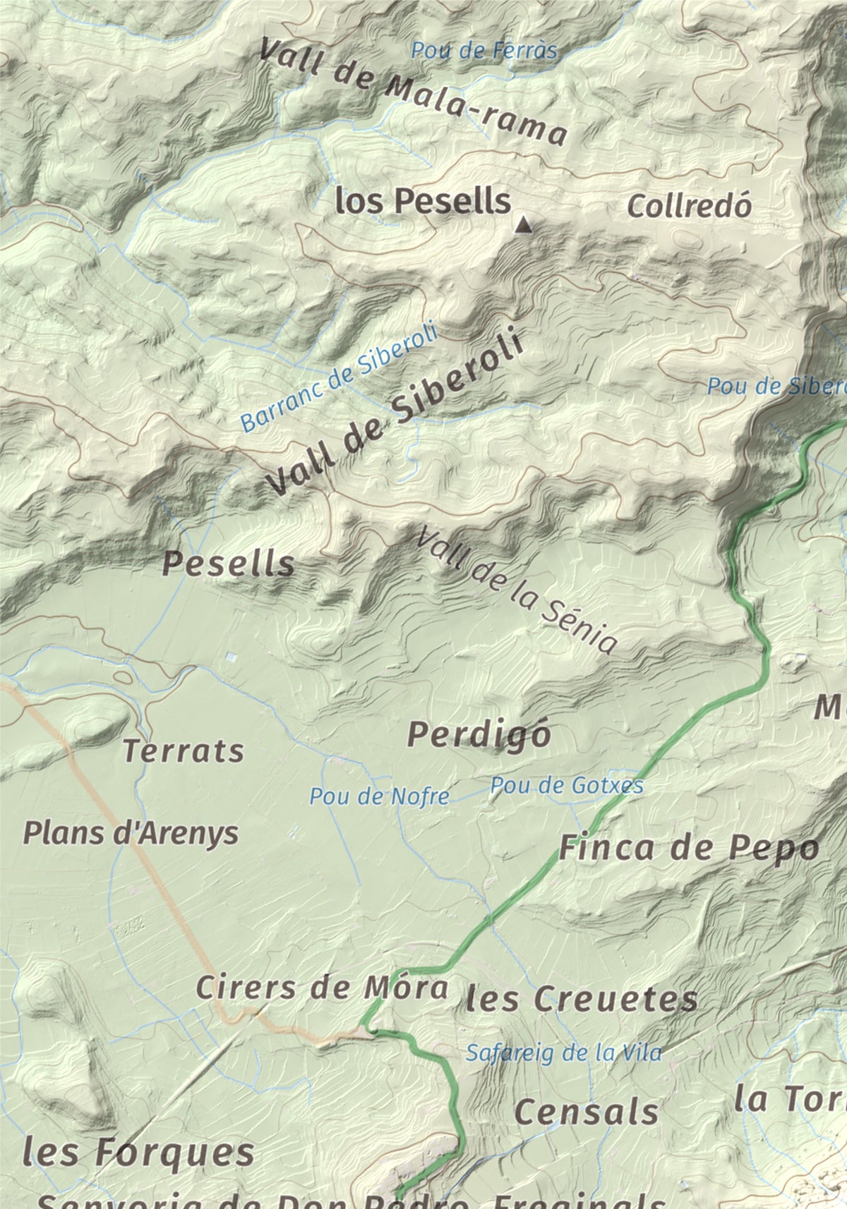 Mapa de relieve de Santa Bàrbara, 752 m, Terra Alta, lámina 100 Cims de Trobart. Detalle de la zona superior izquierda. 21 × 30 cm.