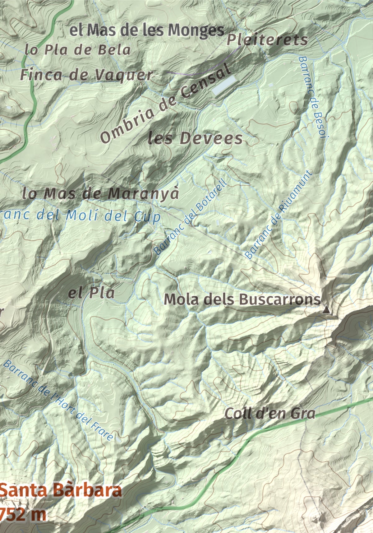 Mapa de relieve de Santa Bàrbara, 752 m, Terra Alta, lámina 100 Cims de Trobart. Detalle de la zona superior derecha. 21 × 30 cm.