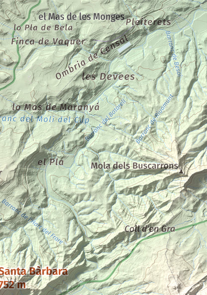 Mapa de relieve de Santa Bàrbara, 752 m, Terra Alta, lámina 100 Cims de Trobart. Detalle de la zona superior derecha. 21 × 30 cm.