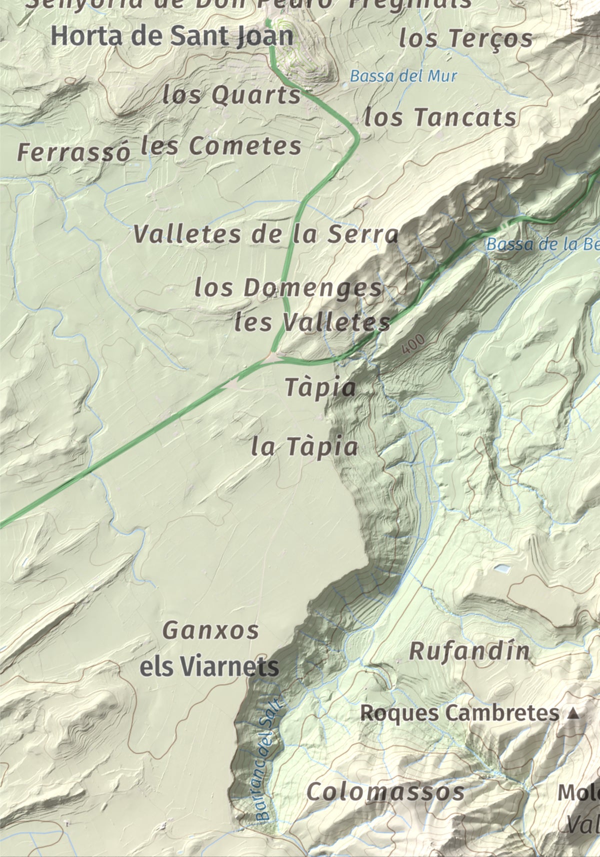 Mapa de relieve de Santa Bàrbara, 752 m, Terra Alta, lámina 100 Cims de Trobart. Detalle de la zona inferior izquierda. 21 × 30 cm.
