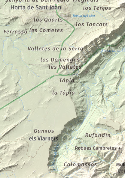 Mapa de relieve de Santa Bàrbara, 752 m, Terra Alta, lámina 100 Cims de Trobart. Detalle de la zona inferior izquierda. 21 × 30 cm.