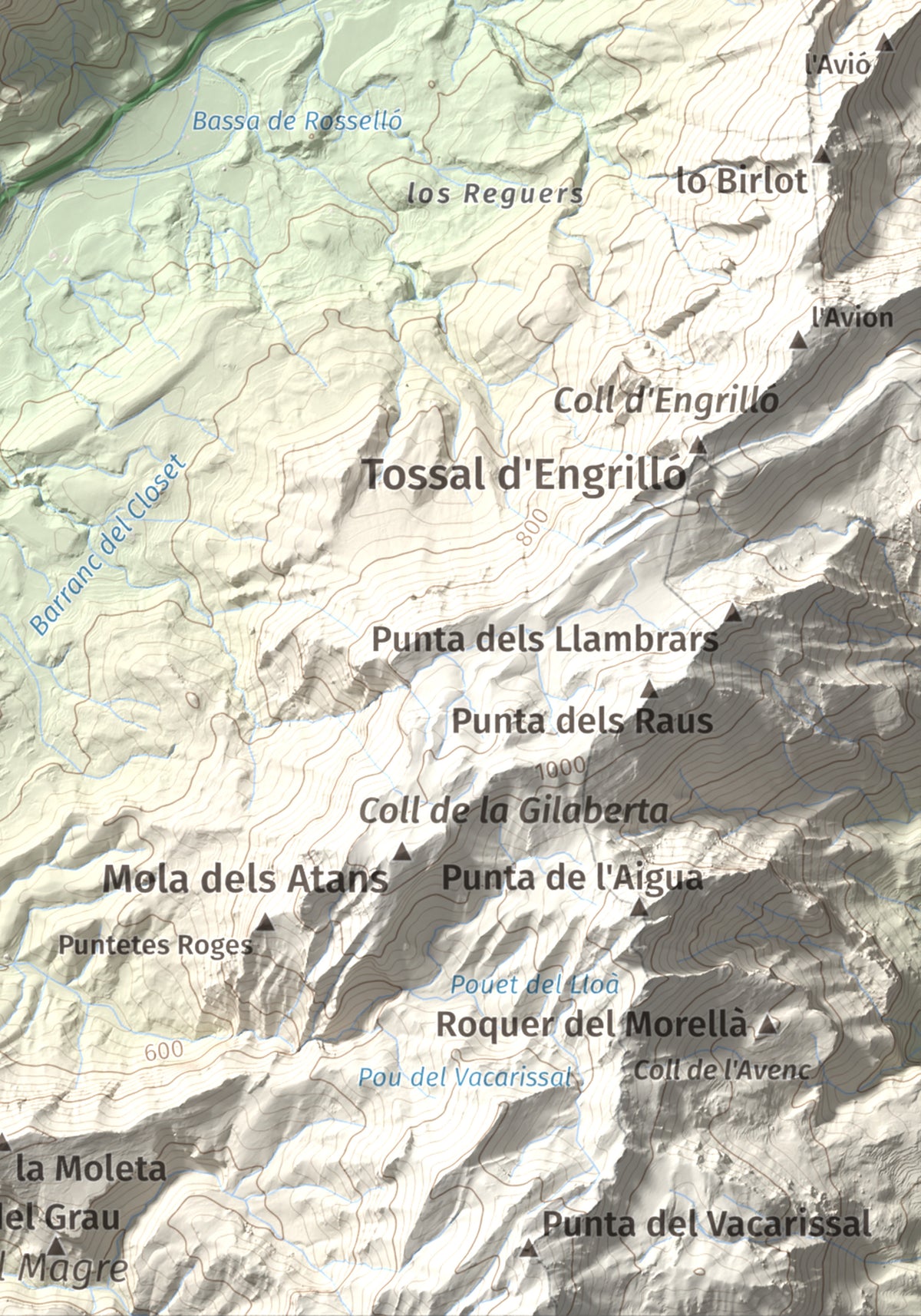 Mapa de relieve de Santa Bàrbara, 752 m, Terra Alta, lámina 100 Cims de Trobart. Detalle de la zona inferior derecha. 21 × 30 cm.