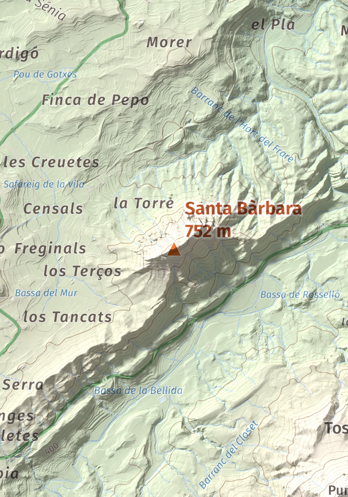 Mapa de relieve de Santa Bàrbara, 752 m, Terra Alta, lámina 100 Cims de Trobart. Detalle de la zona central. 21 × 30 cm.