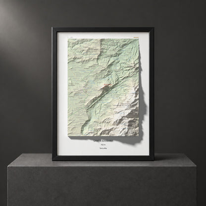 Mapa de relieve de Santa Bàrbara, 752 m, Terra Alta, lámina 100 Cims de Trobart. Presentación enmarcada. 30 × 40 cm.