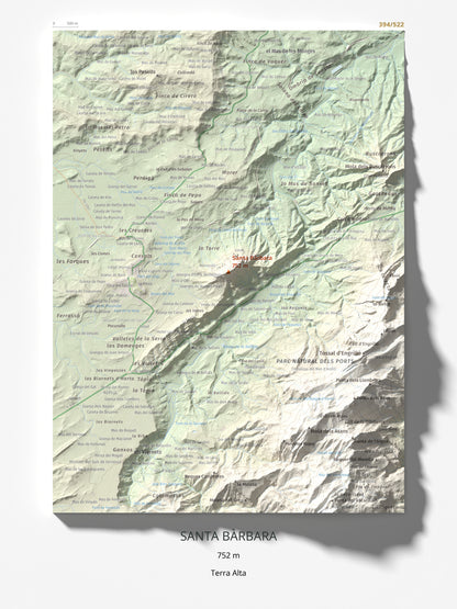 Mapa de relieve de Santa Bàrbara, 752 m, Terra Alta, lámina 100 Cims de Trobart 30 × 40 cm.
