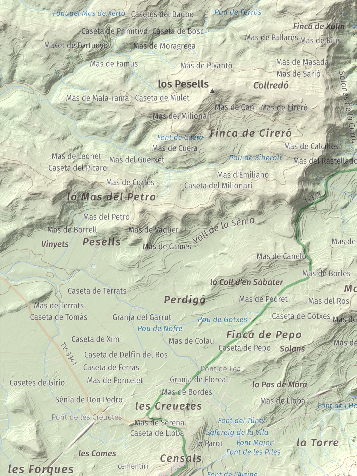 Mapa de relieve de Santa Bàrbara, 752 m, Terra Alta, lámina 100 Cims de Trobart. Detalle de la zona superior izquierda. 30 × 40 cm.