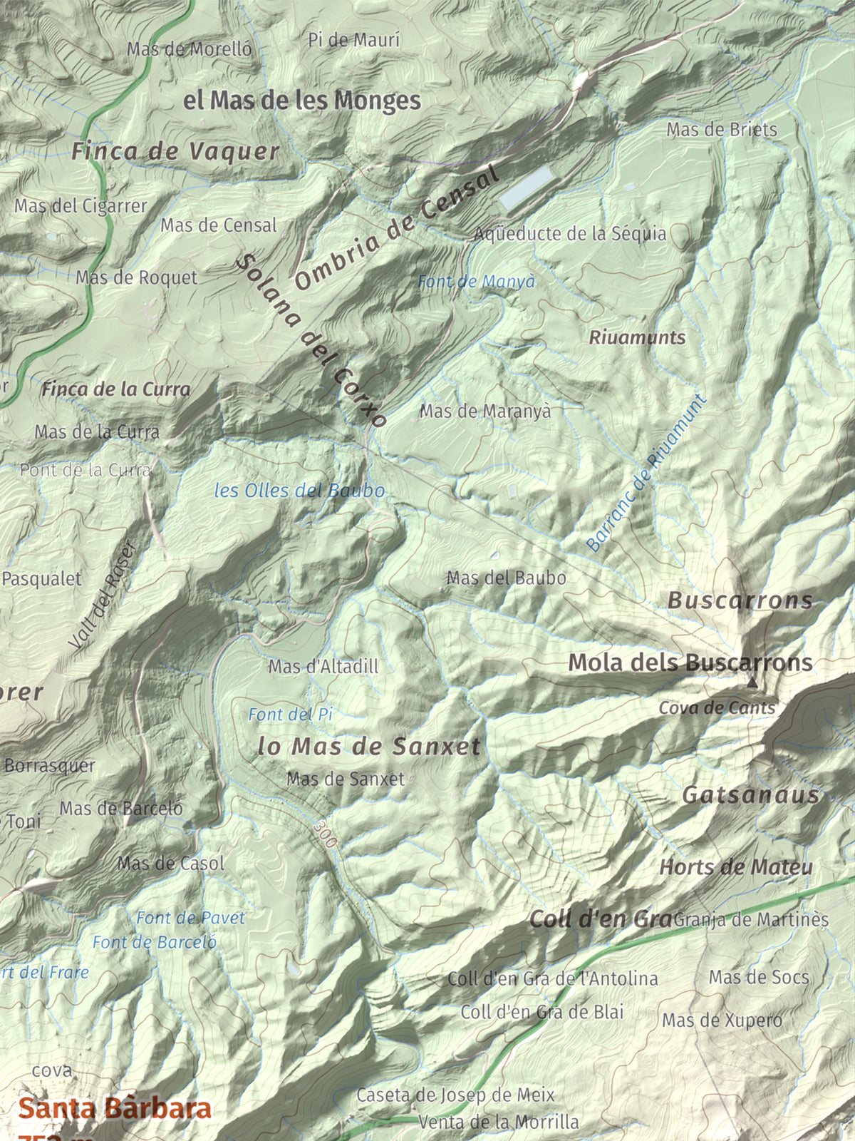 Mapa de relieve de Santa Bàrbara, 752 m, Terra Alta, lámina 100 Cims de Trobart. Detalle de la zona superior derecha. 30 × 40 cm.