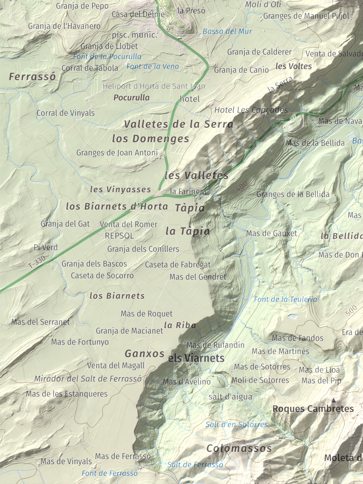 Mapa de relieve de Santa Bàrbara, 752 m, Terra Alta, lámina 100 Cims de Trobart. Detalle de la zona inferior izquierda. 30 × 40 cm.