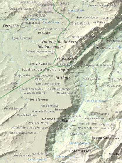 Mapa de relieve de Santa Bàrbara, 752 m, Terra Alta, lámina 100 Cims de Trobart. Detalle de la zona inferior izquierda. 30 × 40 cm.